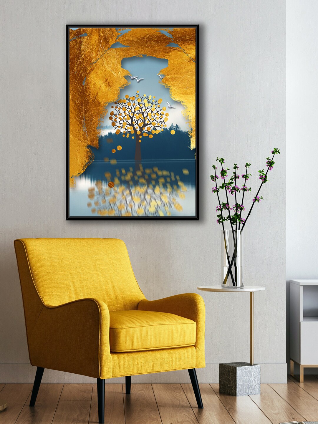 

999Store Modern Blue & Yellow Tree With Flying Birds Lake View Painting Wall Art