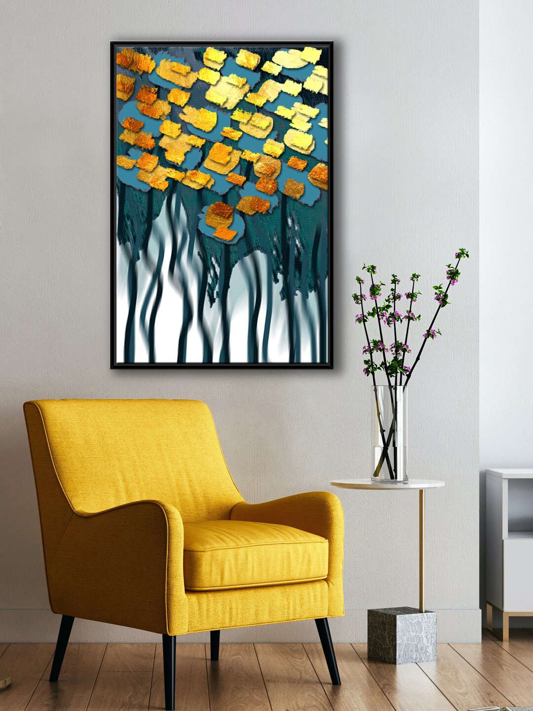 

999Store Modern Blue & Yellow Abstract With Tree Canvas Painting Wall Art