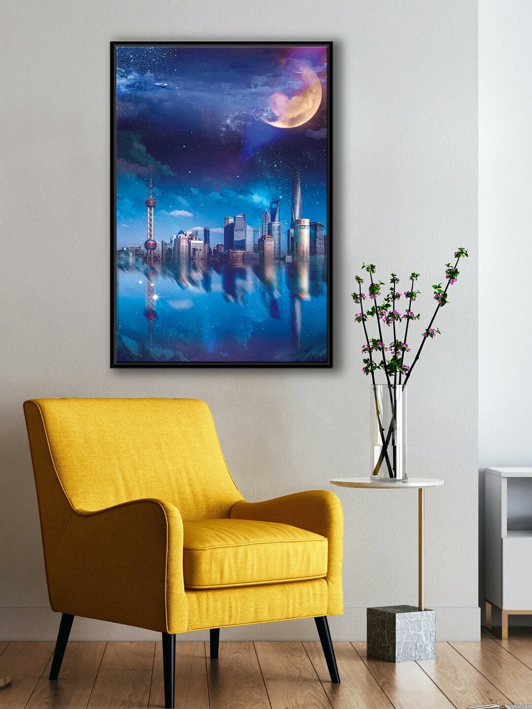 

999Store Modern Blue & Grey Half Moon With Building Night Sky View Wall Art