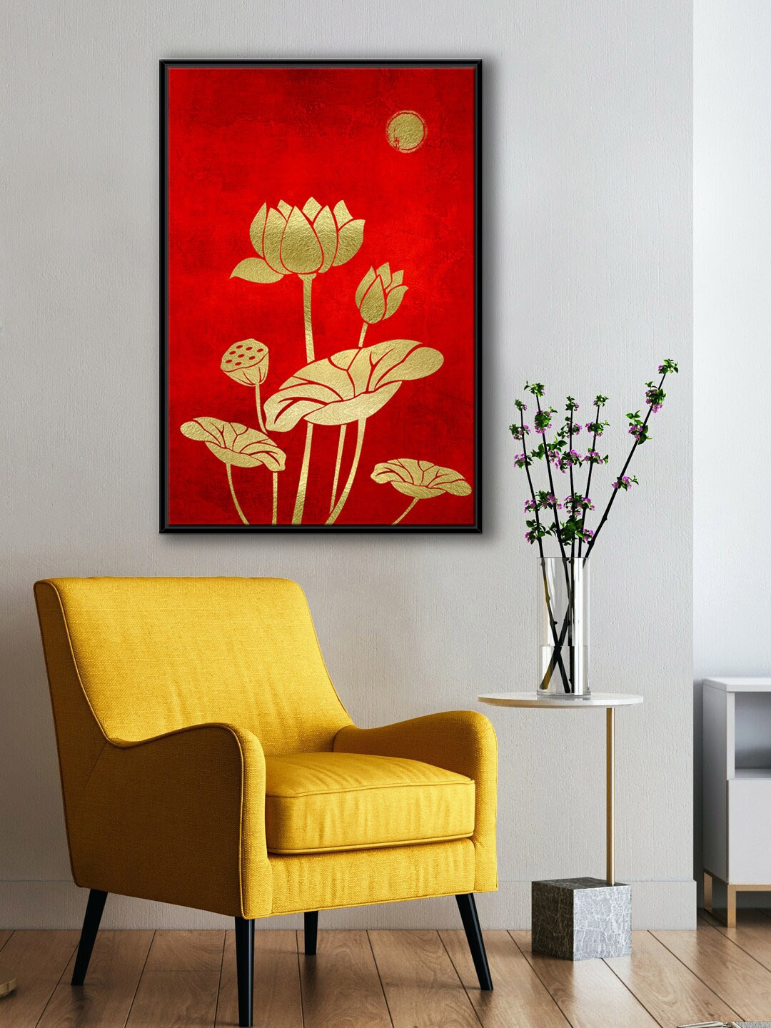 

999Store Modern Red & Yellow Lotus Flower With Moon Canvas Painting Wall Art