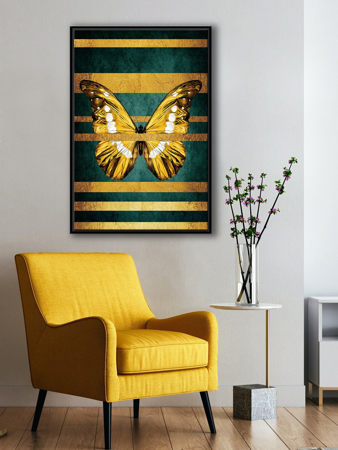 

999Store Modern Green & Yellow Butterfly & Line Painting Wall Art
