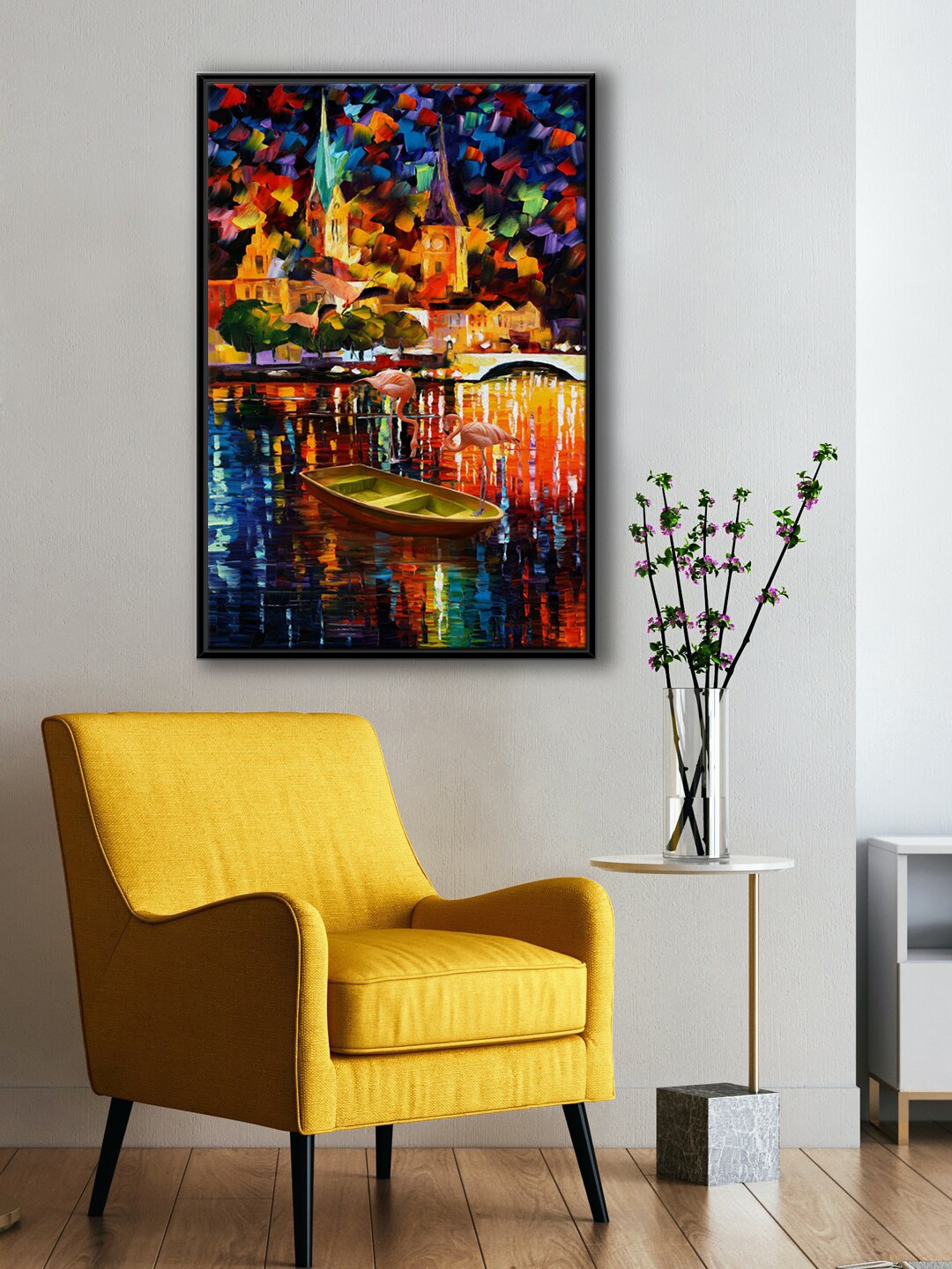 

999Store Modern Yellow & Blue Boat In River & Flamingo With Abstract View City Wall Art