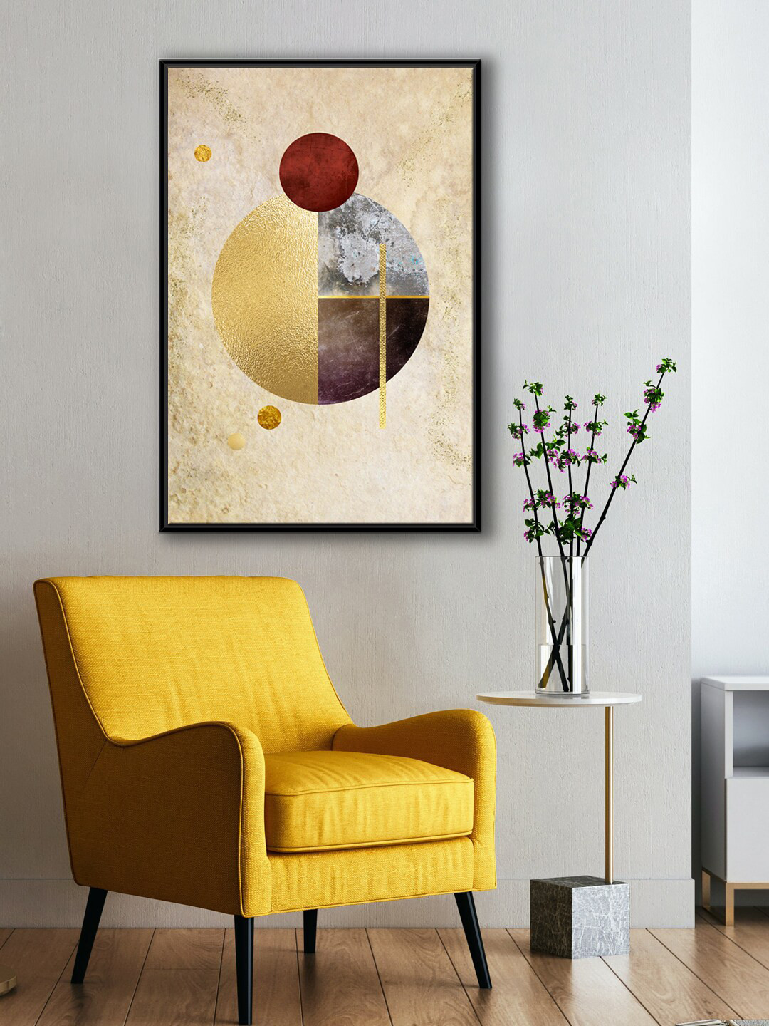 

999Store Modern Brown & Yellow Geometrical Round Shape Painting Framed Wall Art