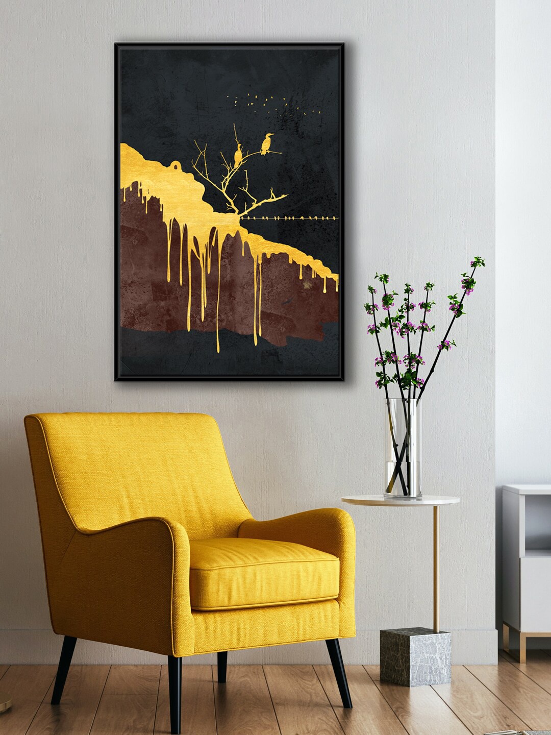 

999Store Modern Black & Yellow Tree With Sitting Bird Canvas Painting Wall Art