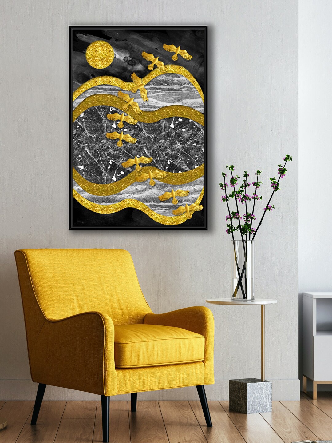 

999Store Abstract Grey & Yellow Moon and Bird Painting Wall Art