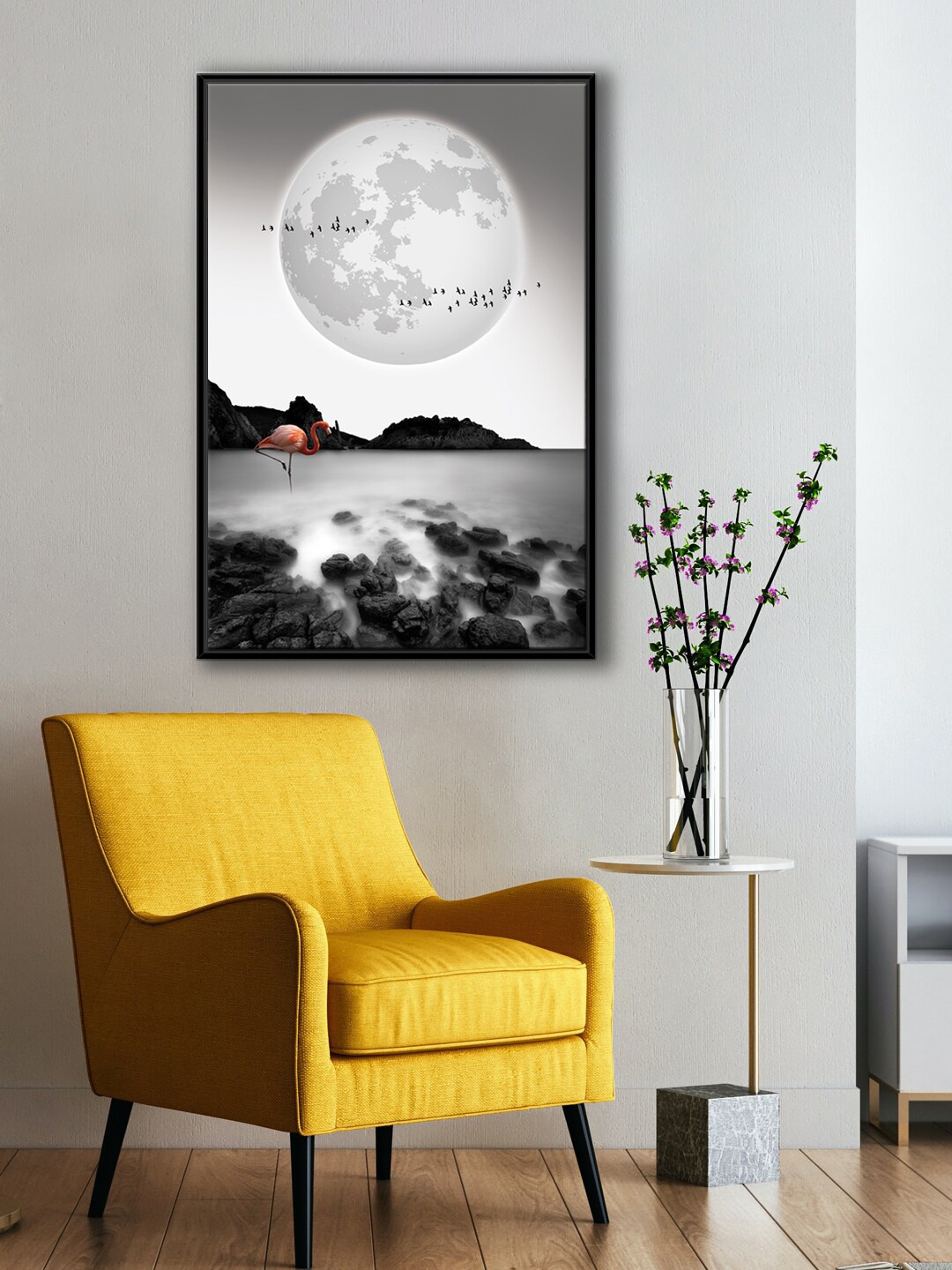 

999Store Modern Grey & White Full Moon Flying Birds & American Flamingo Painting Wall Art