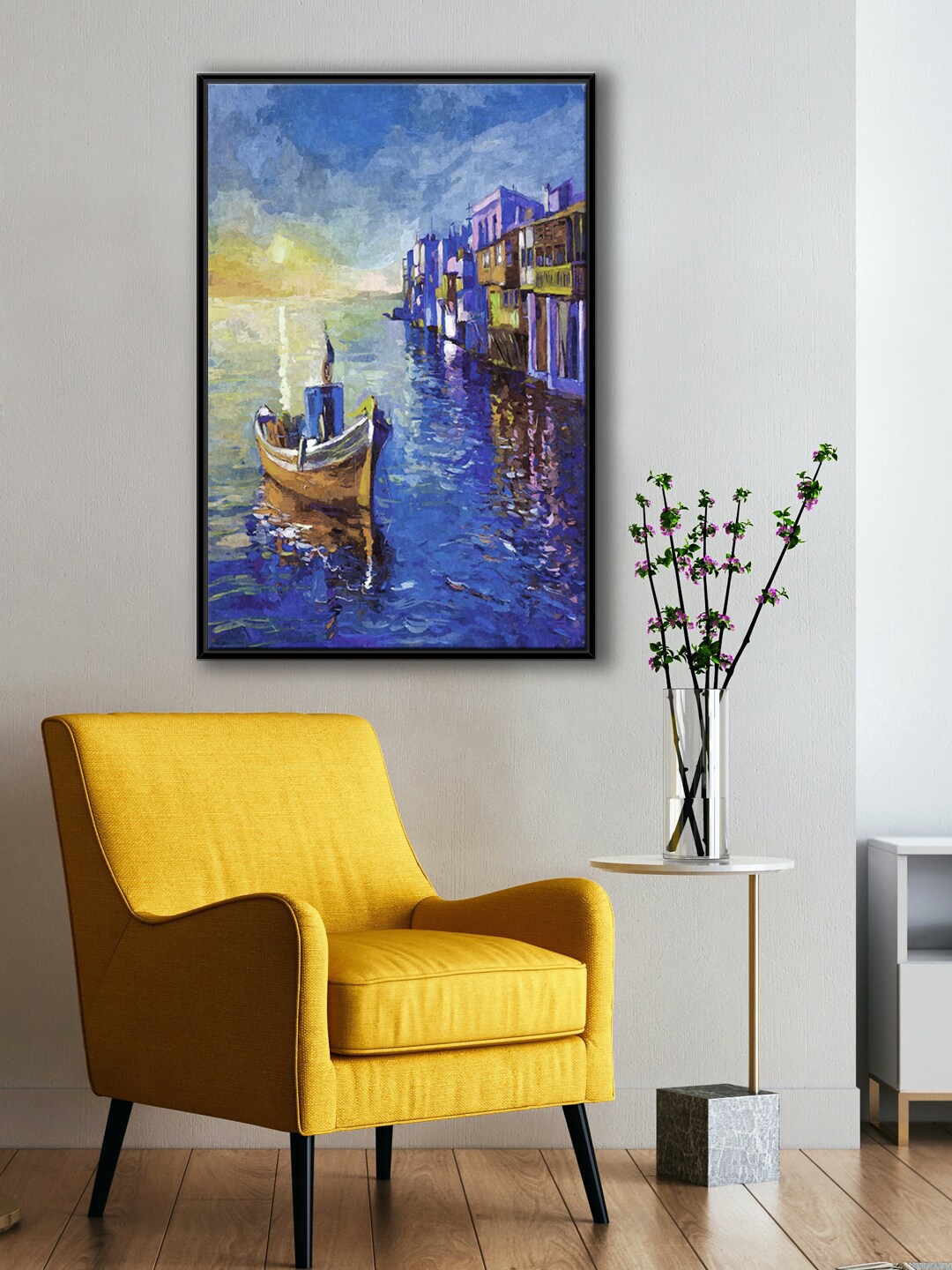 

999Store Modern Blue & Beige Fishing Boat With City View Abstract Painting Wall Art