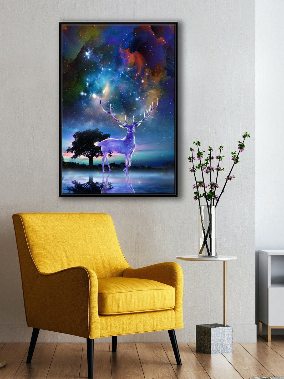 

999Store Modern Blue & Black Tree With Night Sky View And The Swamp Deer Wall Art