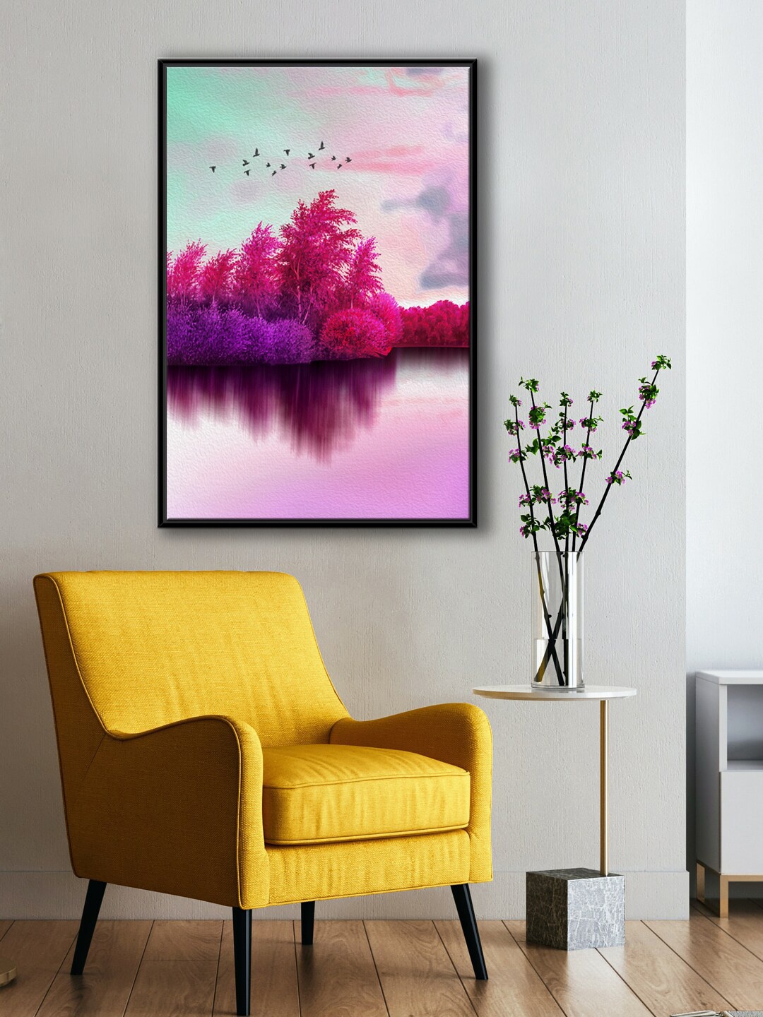 

999Store Dawn Of Autumn Pink & Purple Colorful Lakes And Flying Bird Painting Wall Art