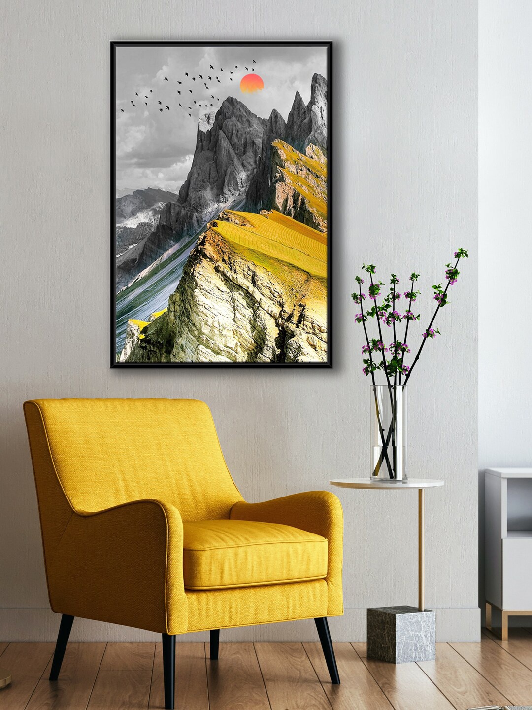 

999Store Grey & Yellow Mountain With Flying Birds And Sun View Nature Framed Wall Art
