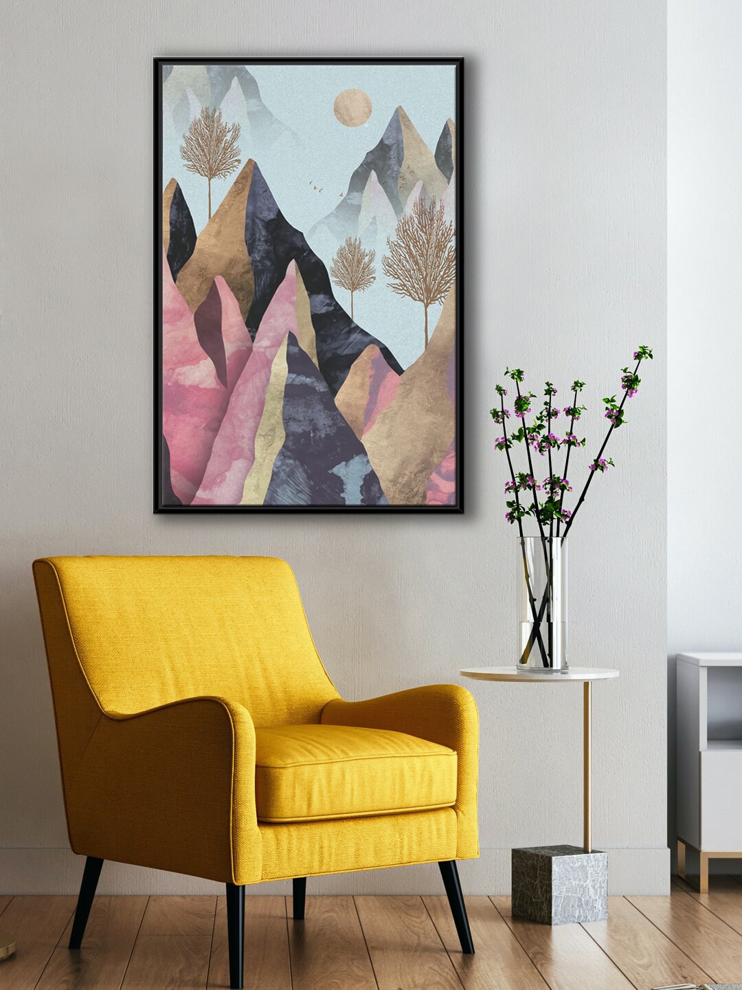 

999Store Blue & Pink Mountain Tree With Sunset Flying Birds Painting Wall Art