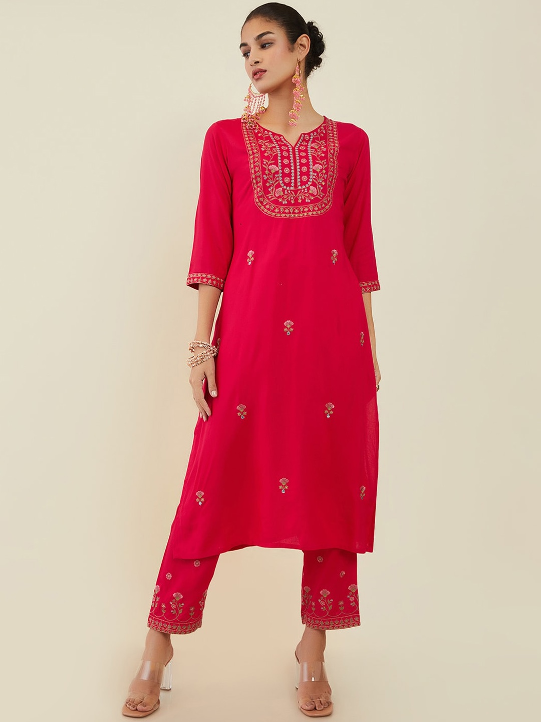 

Soch Women Ethnic Motifs Embroidered Thread Work Notch Neck Kurta with Trousers, Red