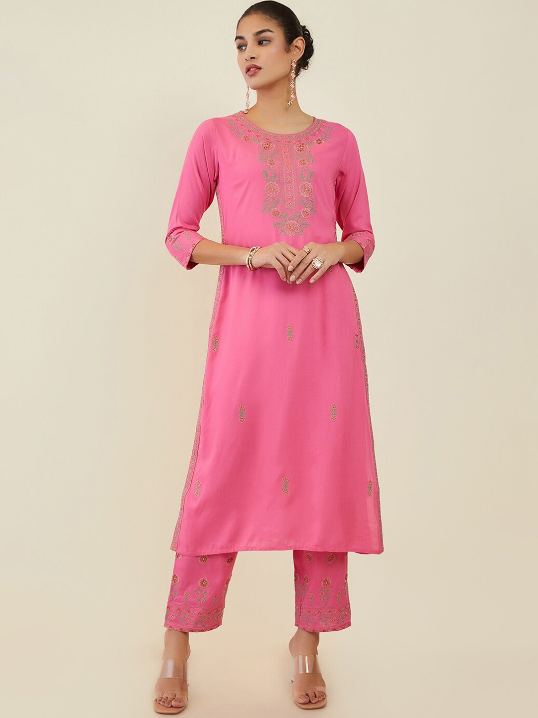 

Soch Women Floral Embroidered Thread Work Kurta with Trousers, Pink