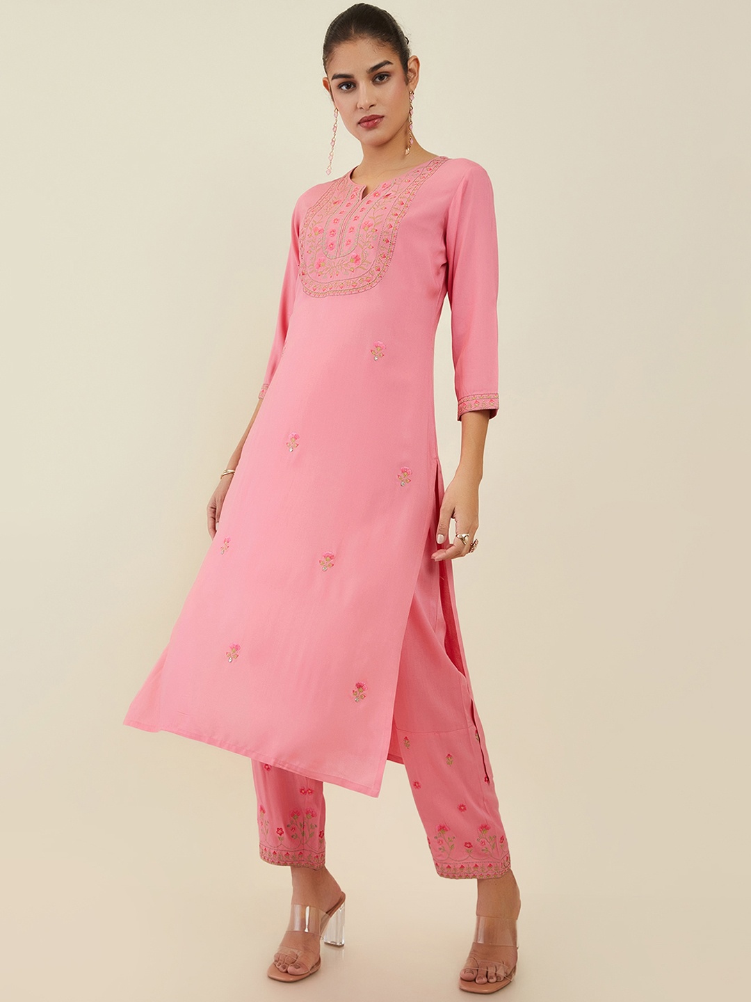 

Soch Floral Embroidered Notched Neck Straight Kurta with Trousers, Pink