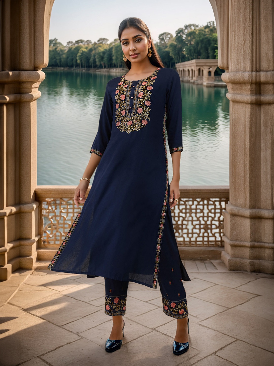 

Soch Women Floral Embroidered Kurta With Trousers, Navy blue