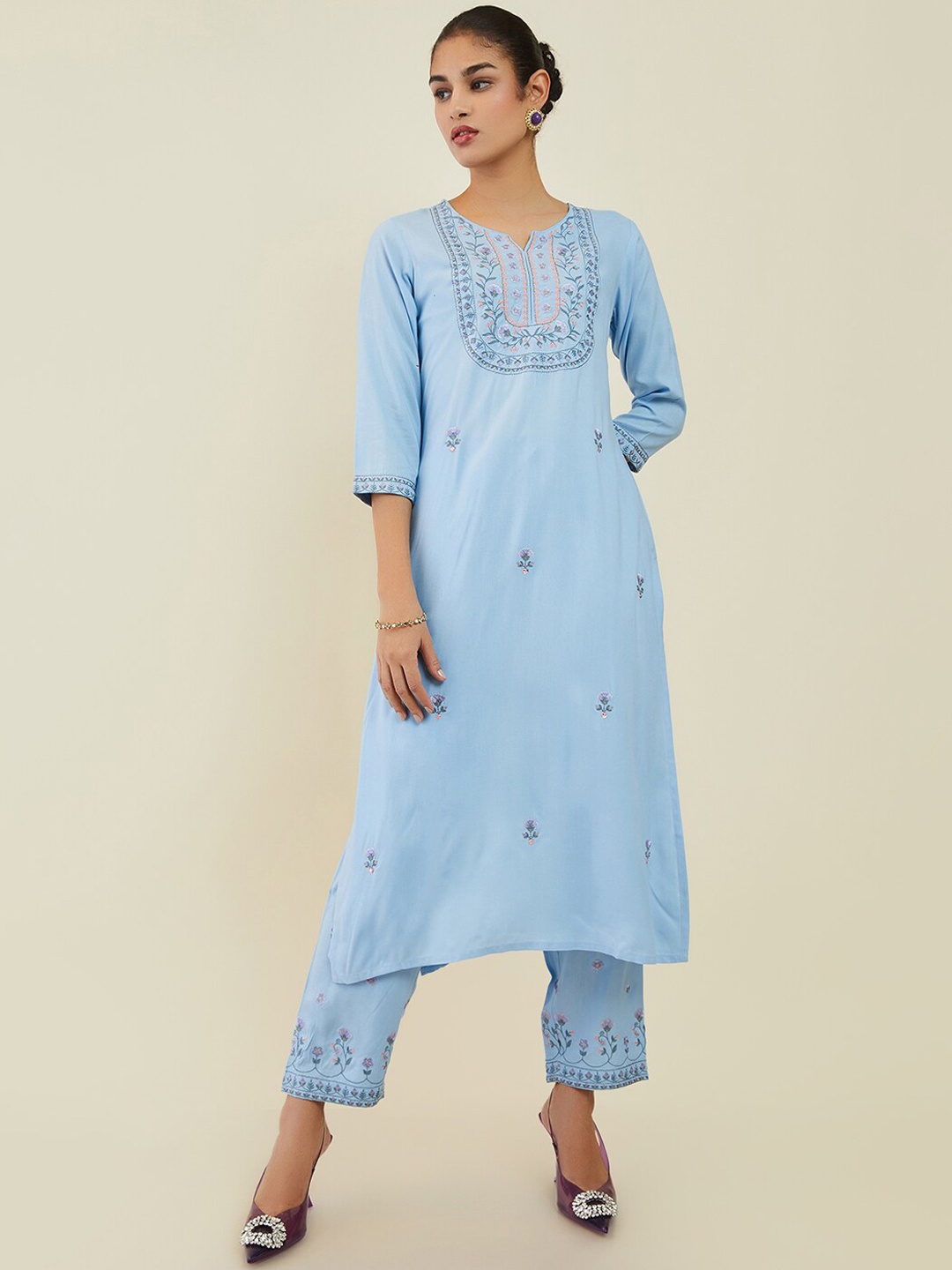 

Soch Women Floral Embroidered Kurta With Trousers, Blue