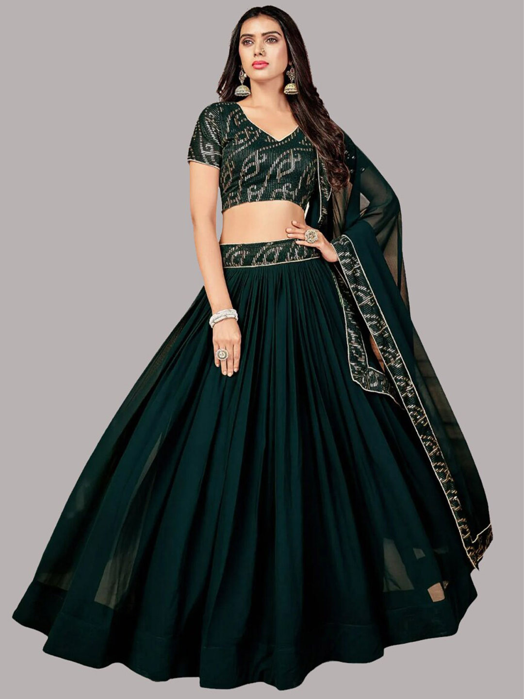 

Fashionuma Embroidered Semi-Stitched Lehenga & Unstitched Blouse With Dupatta, Green