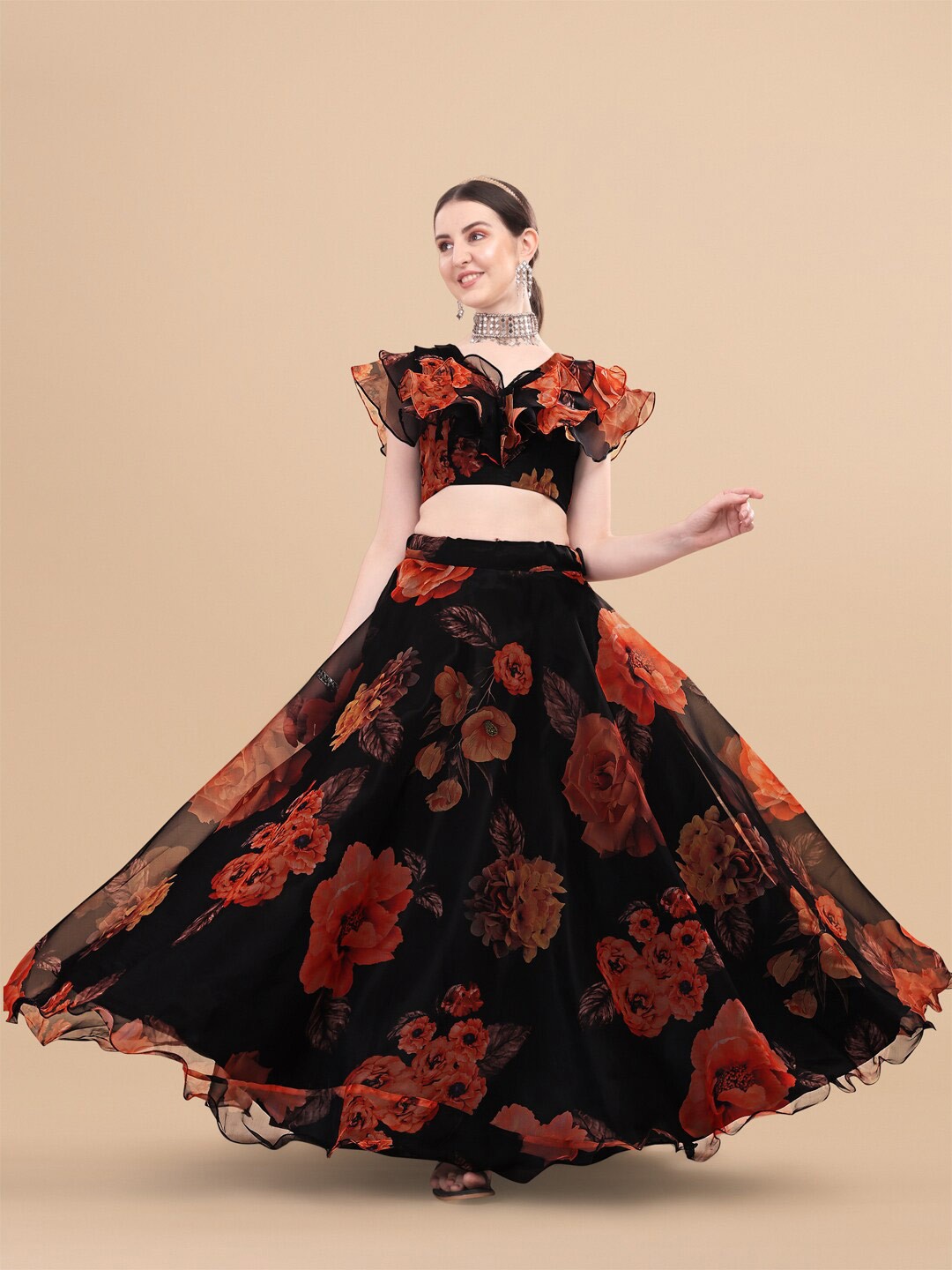 

Fashionuma Floral Printed Semi-Stitched Lehenga & Unstitched With Blouse, Orange