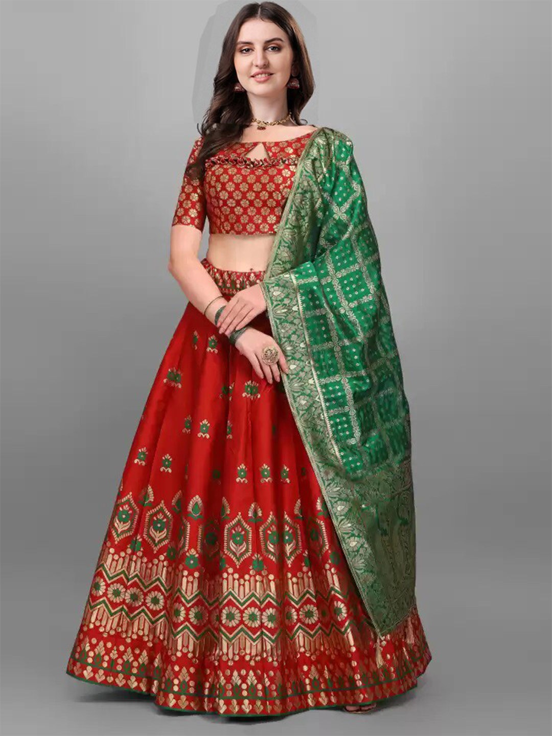 

Fashionuma Woven Semi-Stitched Lehenga & Unstitched Blouse With Dupatta, Red