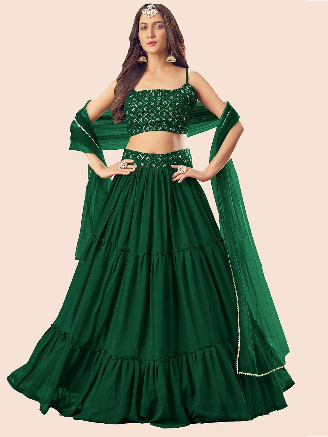 

Fashionuma Embroidered Semi-Stitched Lehenga & Unstitched Blouse With Dupatta, Green