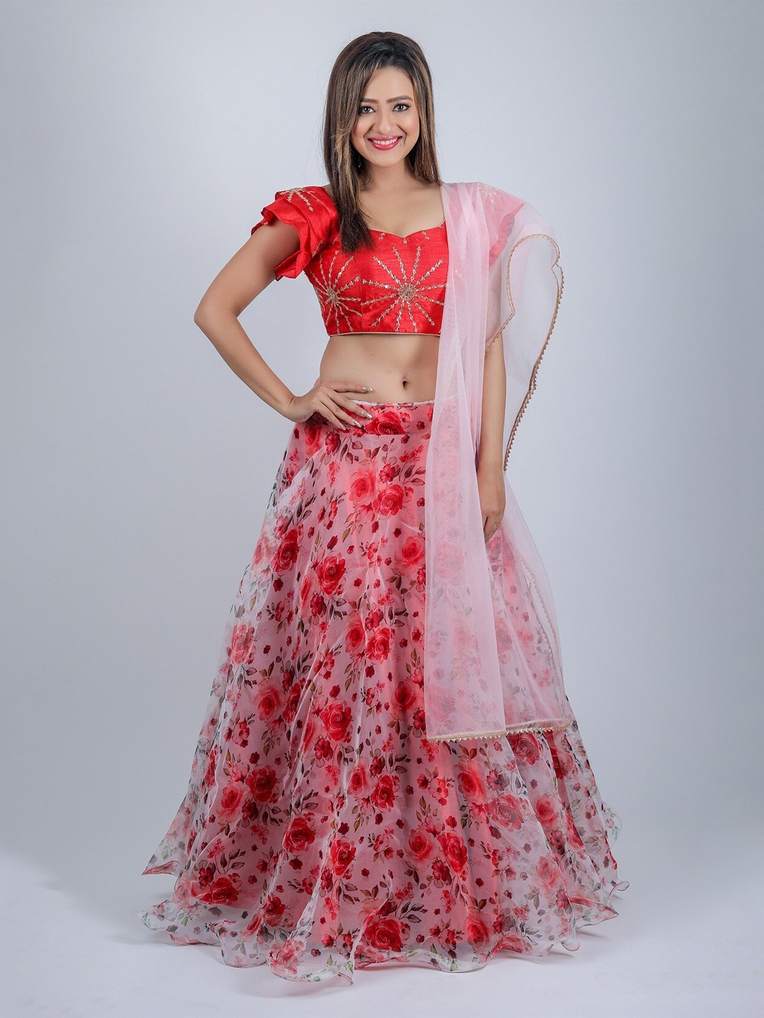 

Fashionuma Embellished Semi-Stitched Lehenga & Unstitched Blouse With Dupatta, Red