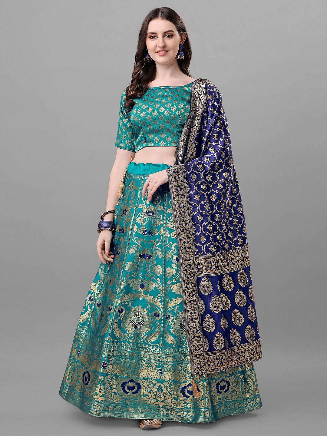 

Fashionuma Semi-Stitched Lehenga & Unstitched Blouse With Dupatta, Turquoise blue