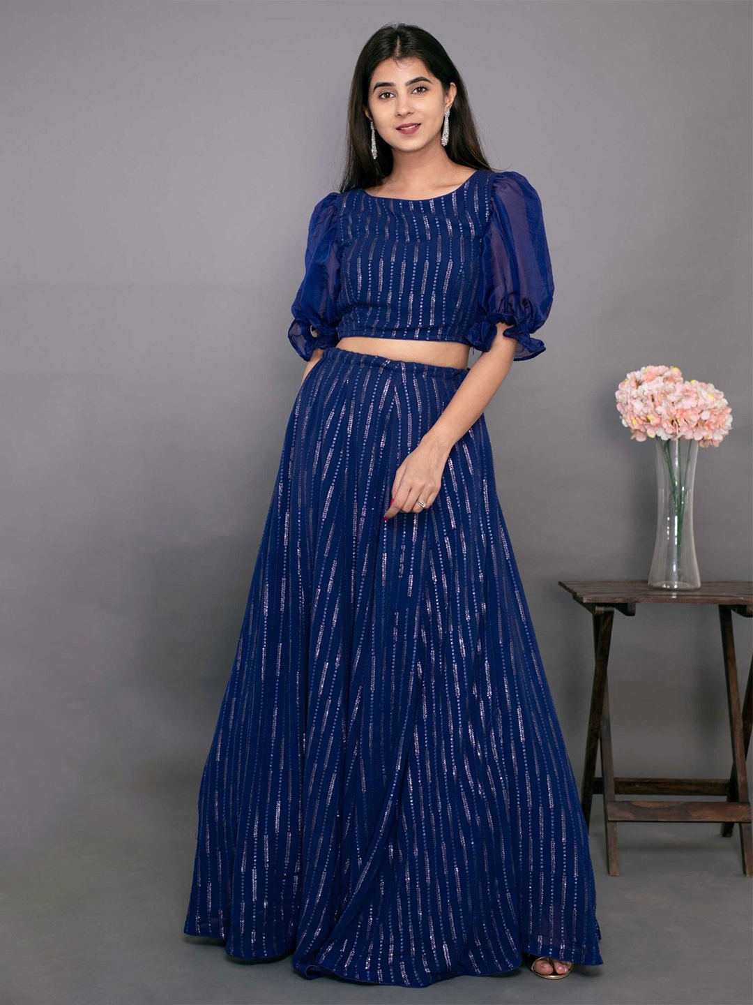 

Fashionuma Embellished Semi-Stitched Lehenga & Unstitched Blouse, Blue