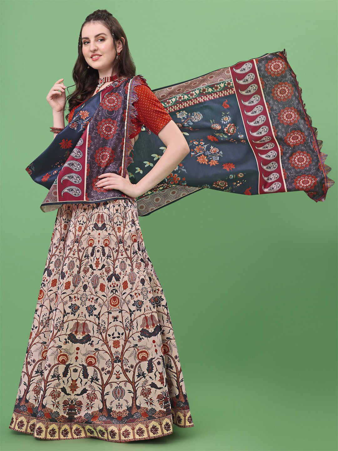 

Fashionuma Red & Brown Printed Semi-Stitched Lehenga & Unstitched Blouse With Dupatta