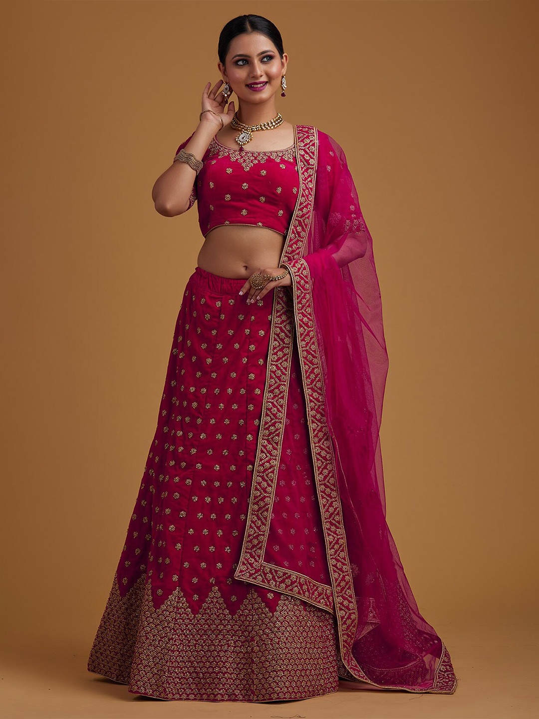 

Fashionuma Embroidered Semi-Stitched Lehenga & Unstitched Blouse With Dupatta, Pink