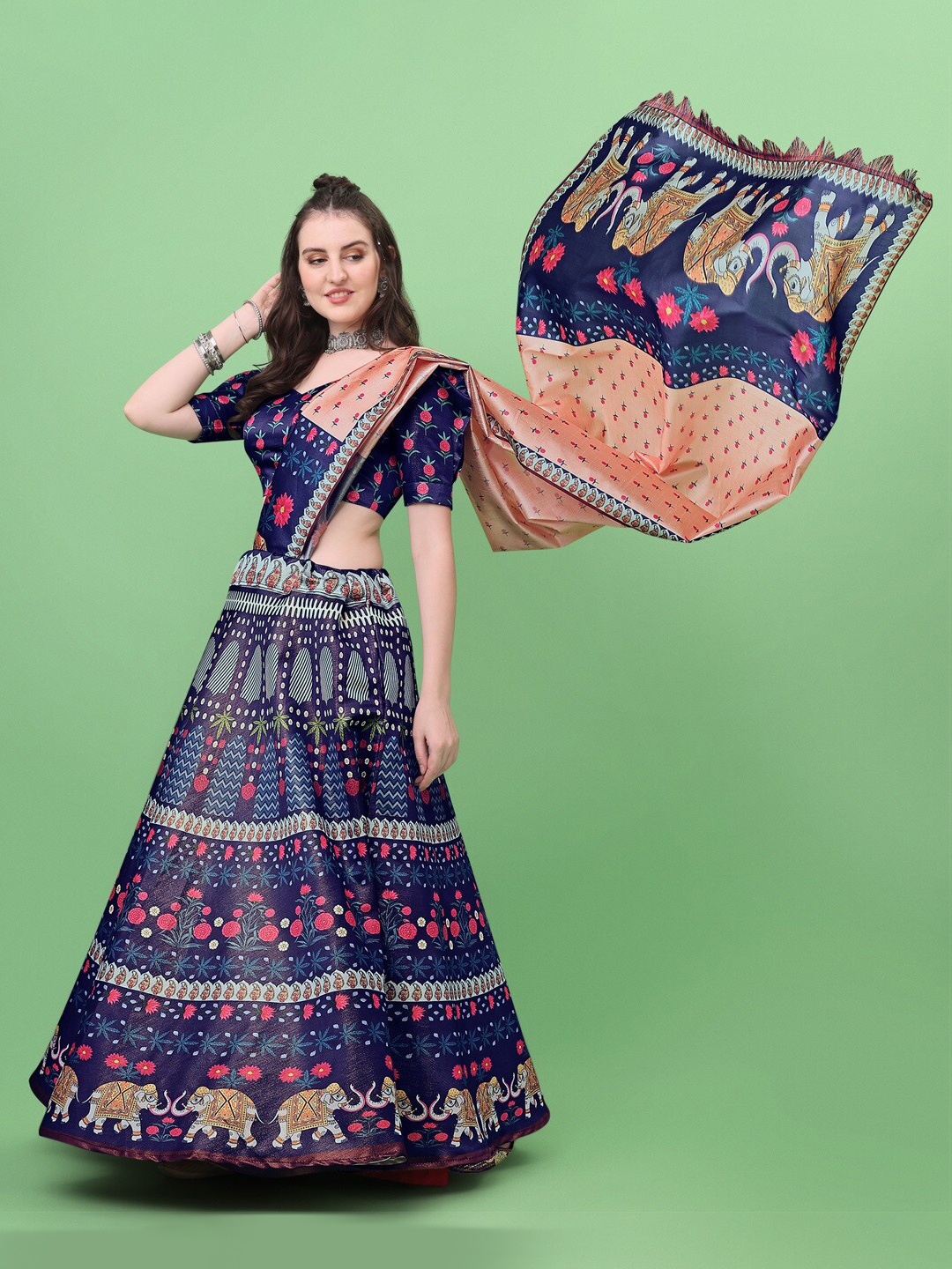 

Fashionuma Printed Semi-Stitched Lehenga & Unstitched Blouse With Dupatta, Navy blue