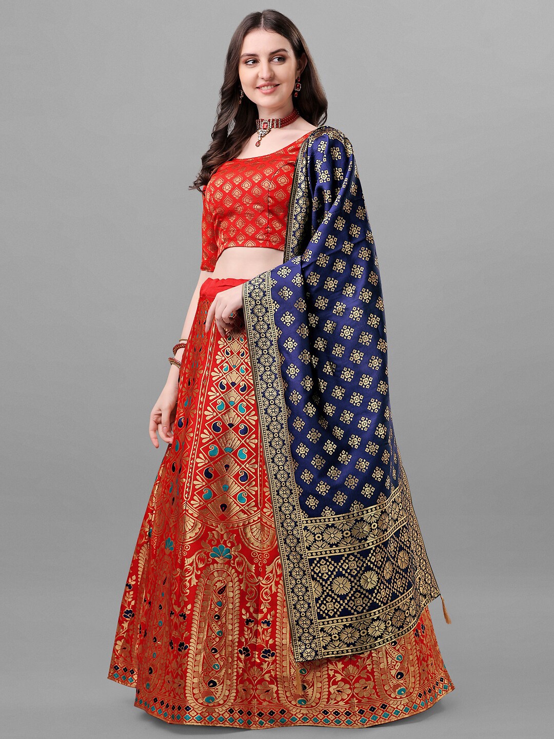 

Fashionuma Semi-Stitched Lehenga & Unstitched Blouse With Dupatta, Red