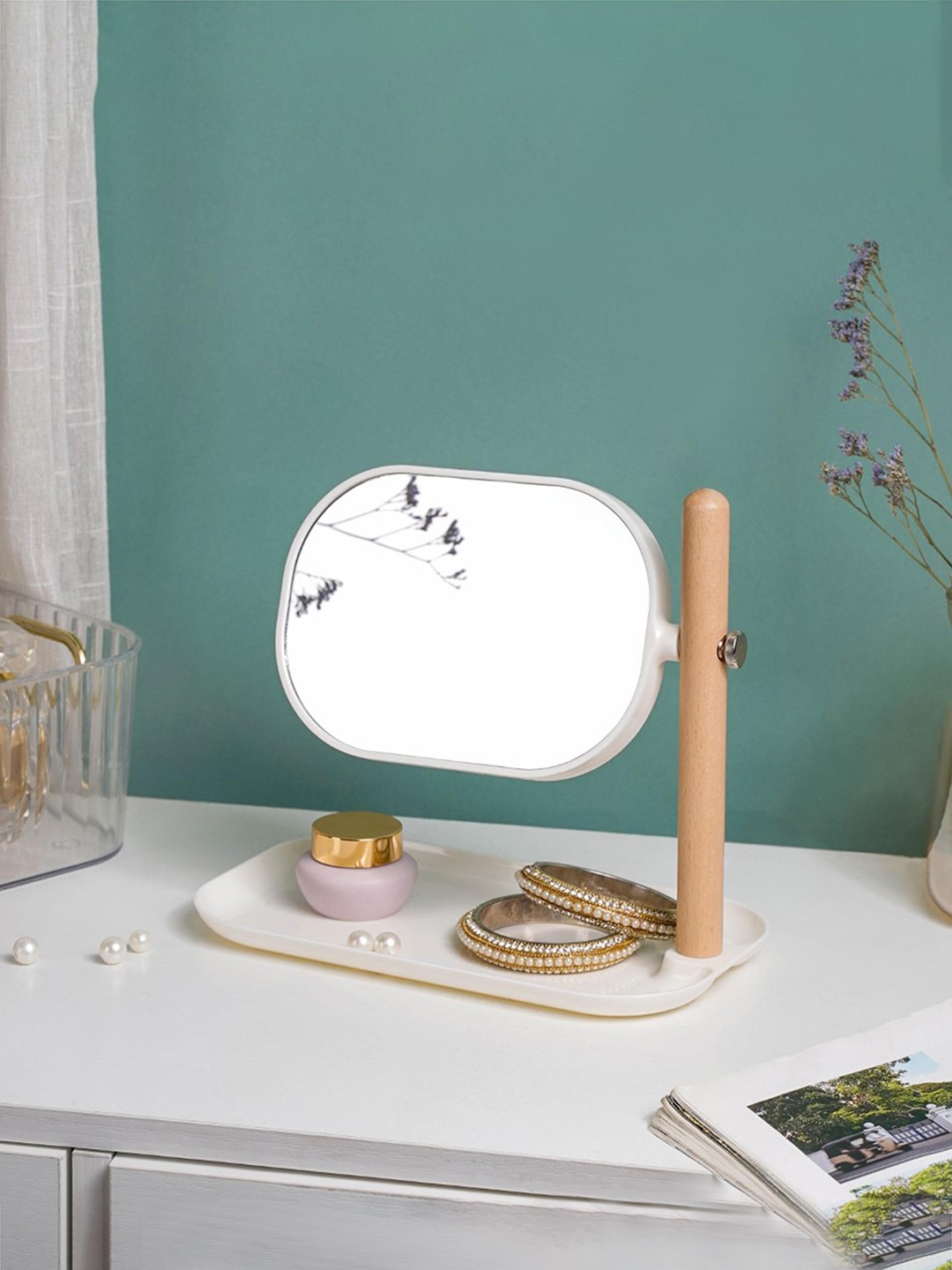 

Nestasia White & Beige Scandinavian Two Sided Mirror With Adjustable Stand Tray