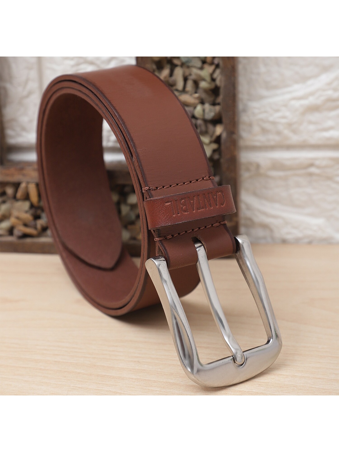 

Cantabil Men Leather Tang Slim Belt, Brown