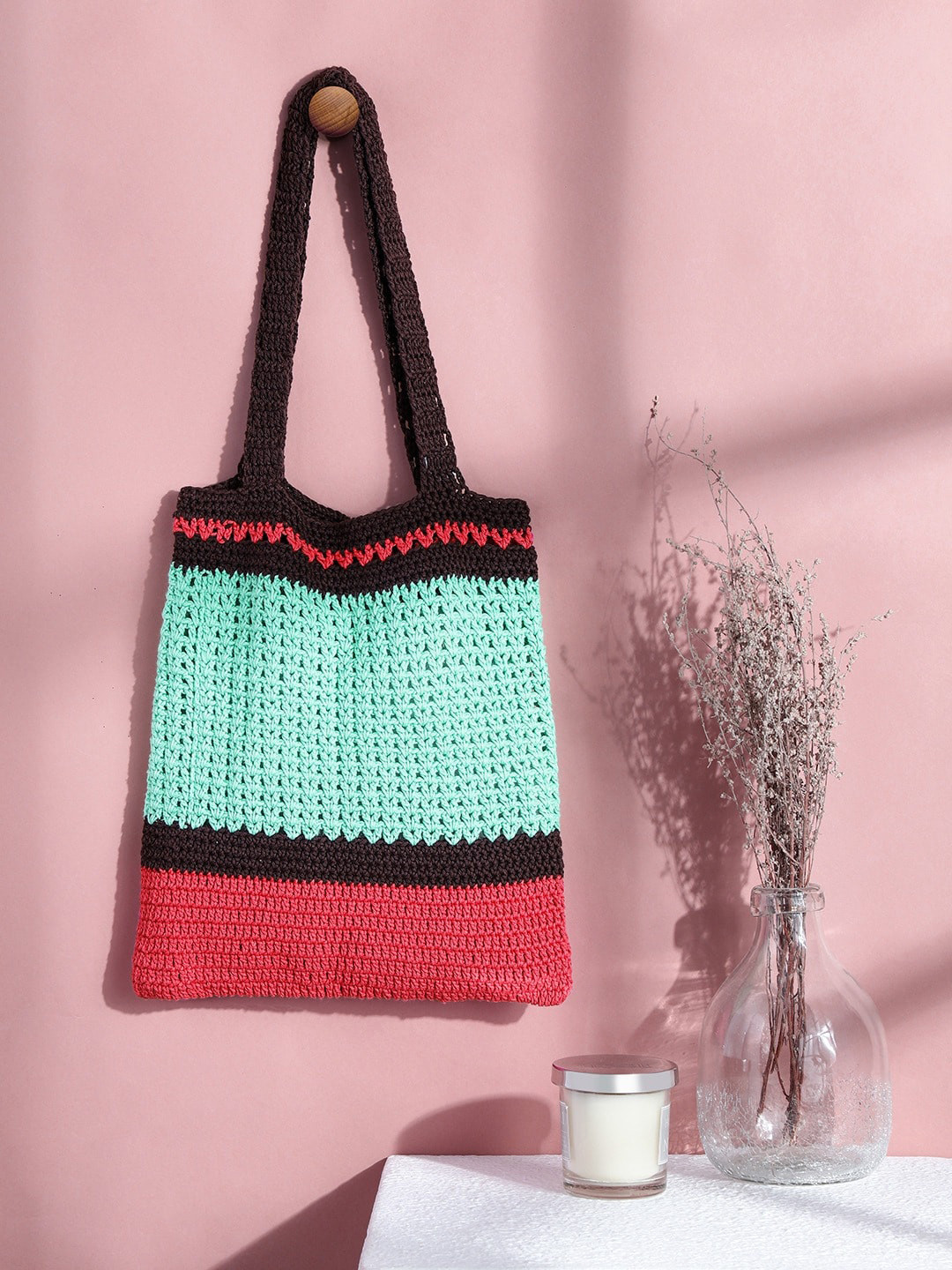 

Magic Needles Colourblocked Structured Pure Cotton Tote Bag, Turquoise blue