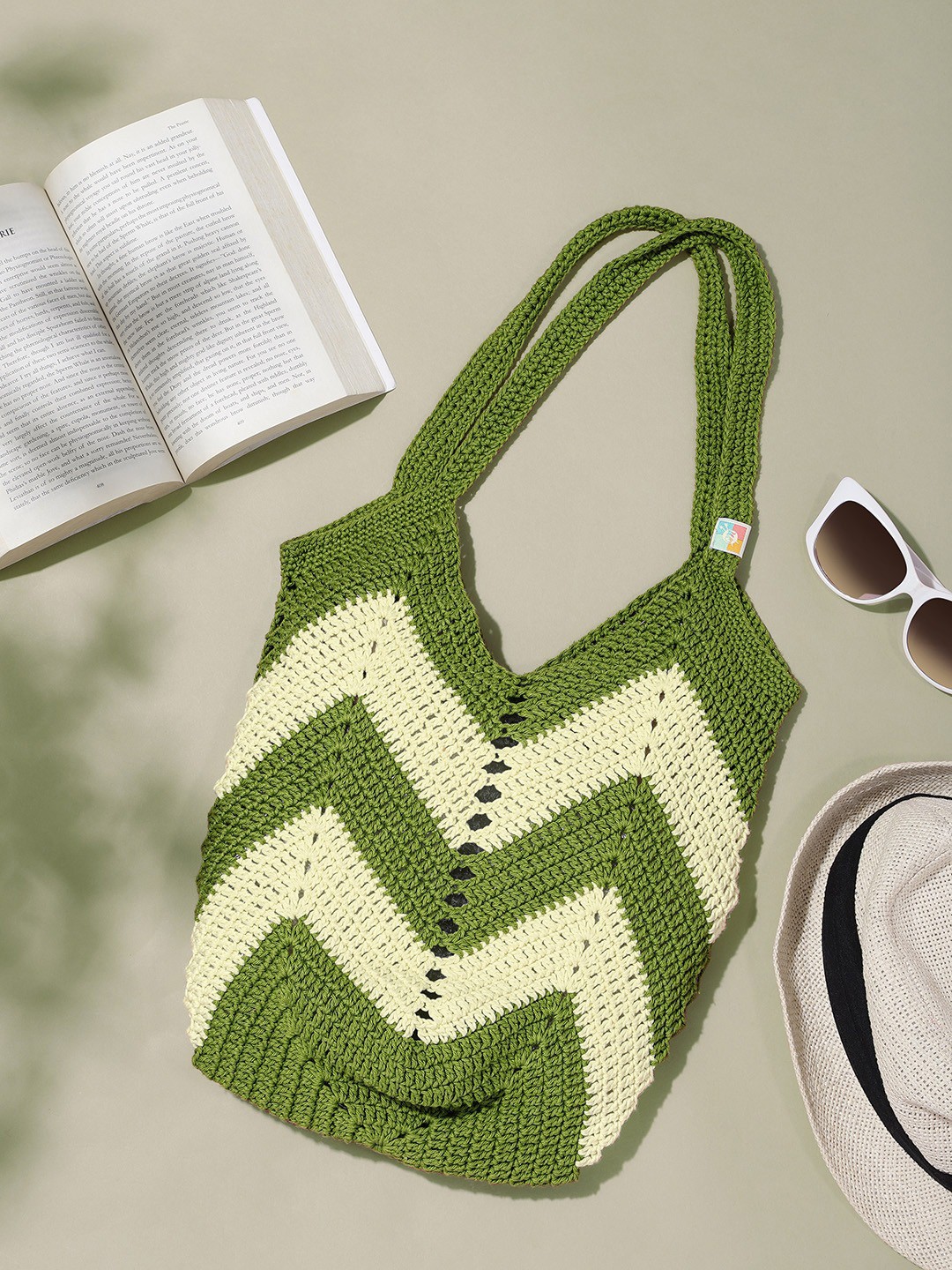 

Magic Needles Geometric Self Design Cotton Shopper Shoulder Bag, Green