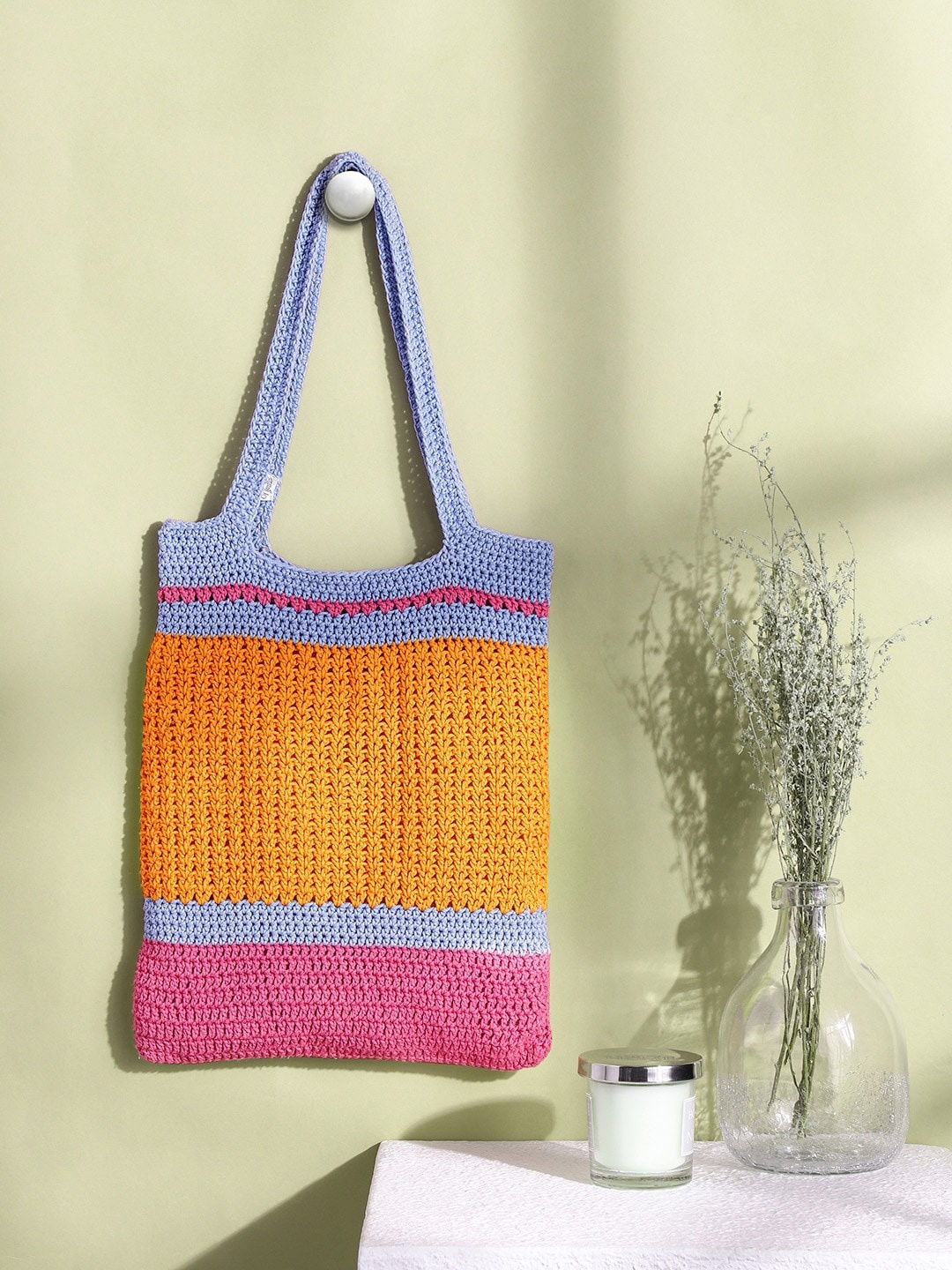 

Magic Needles Colourblocked Structured Tote Bag with Cut Work, Orange