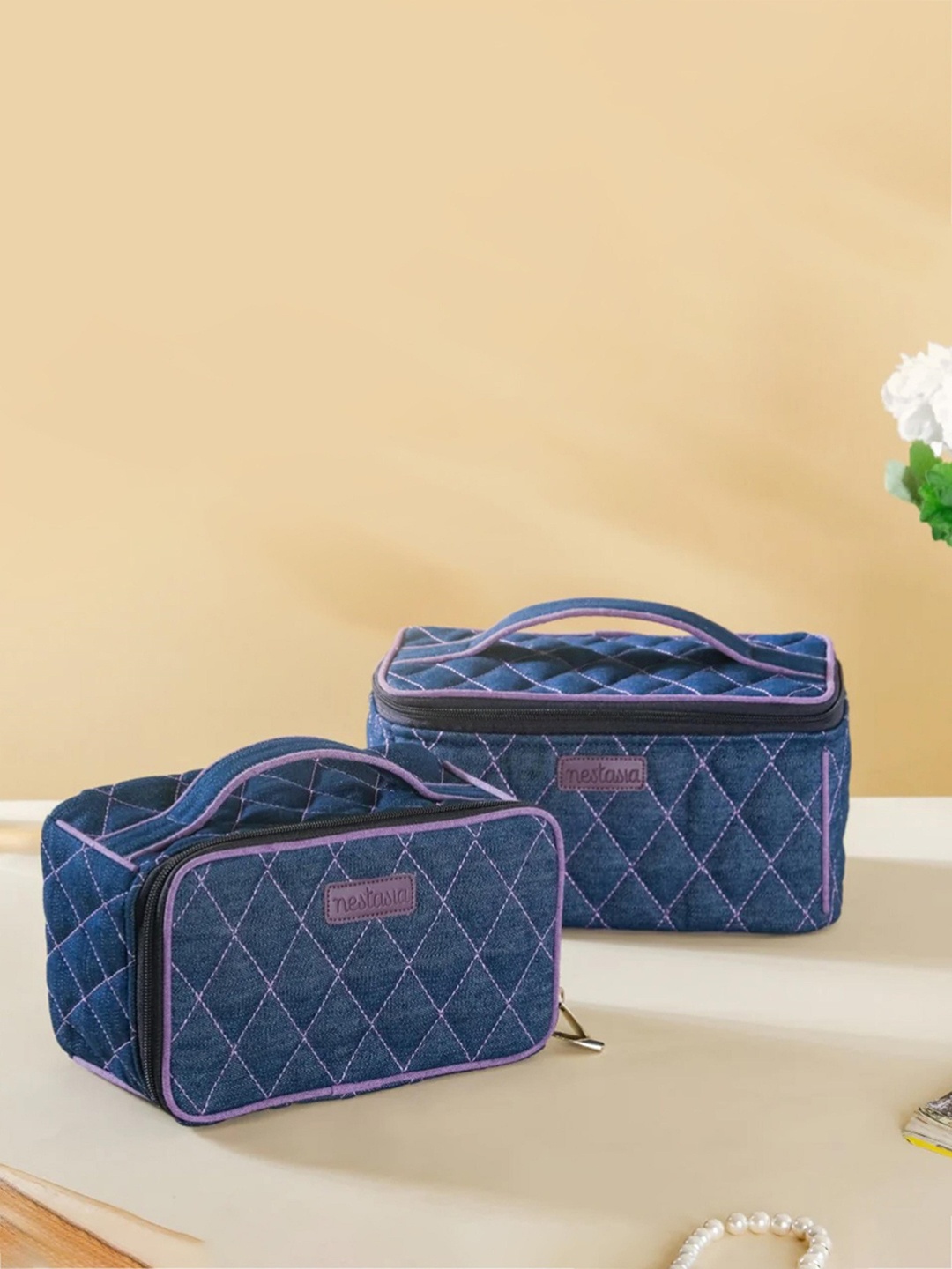 

Nestasia Pack of 2 Textured Denim Makeup Bags, Navy blue