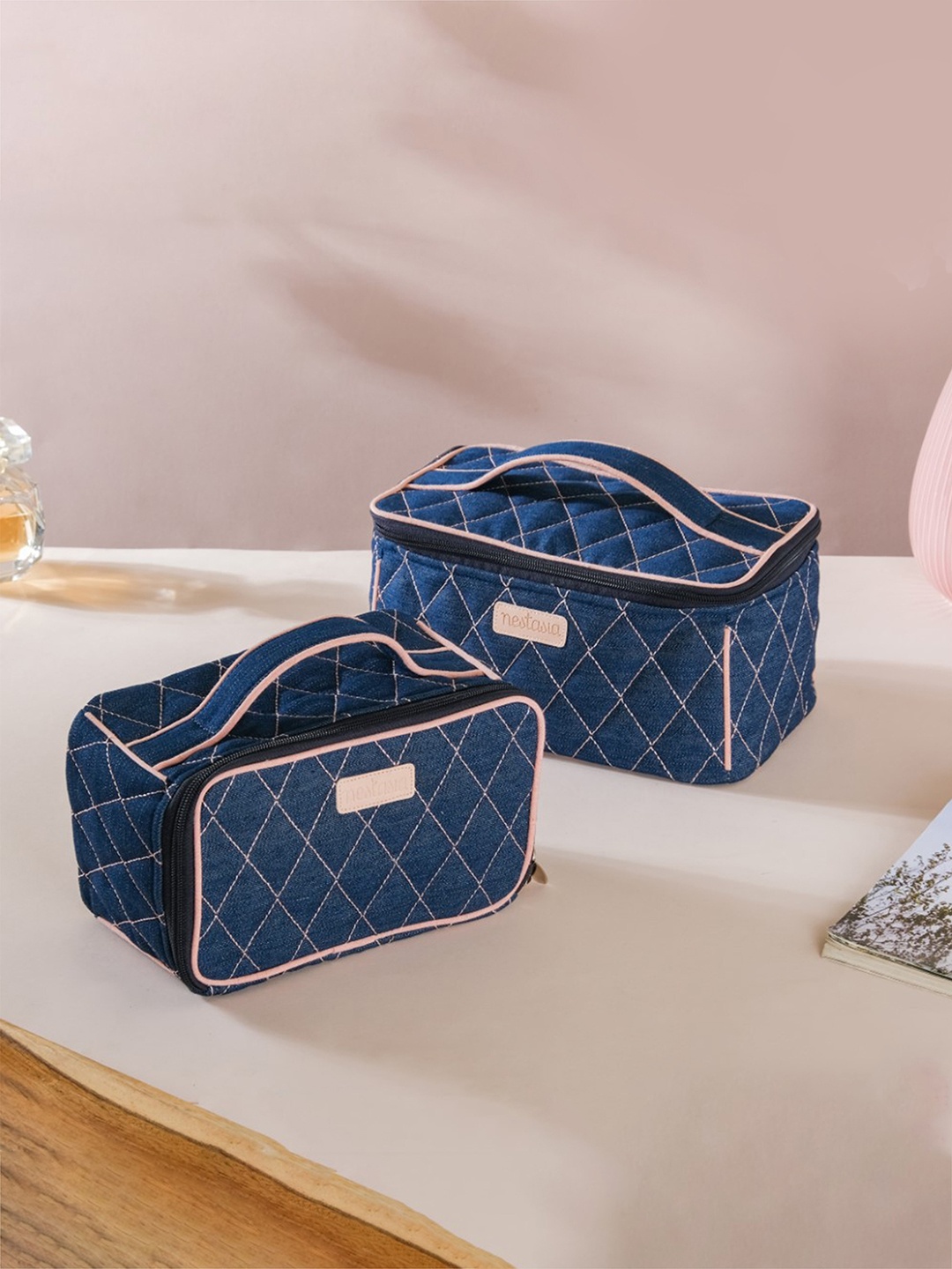 

Nestasia Pack of 2 Textured Denim Makeup Bags, Navy blue