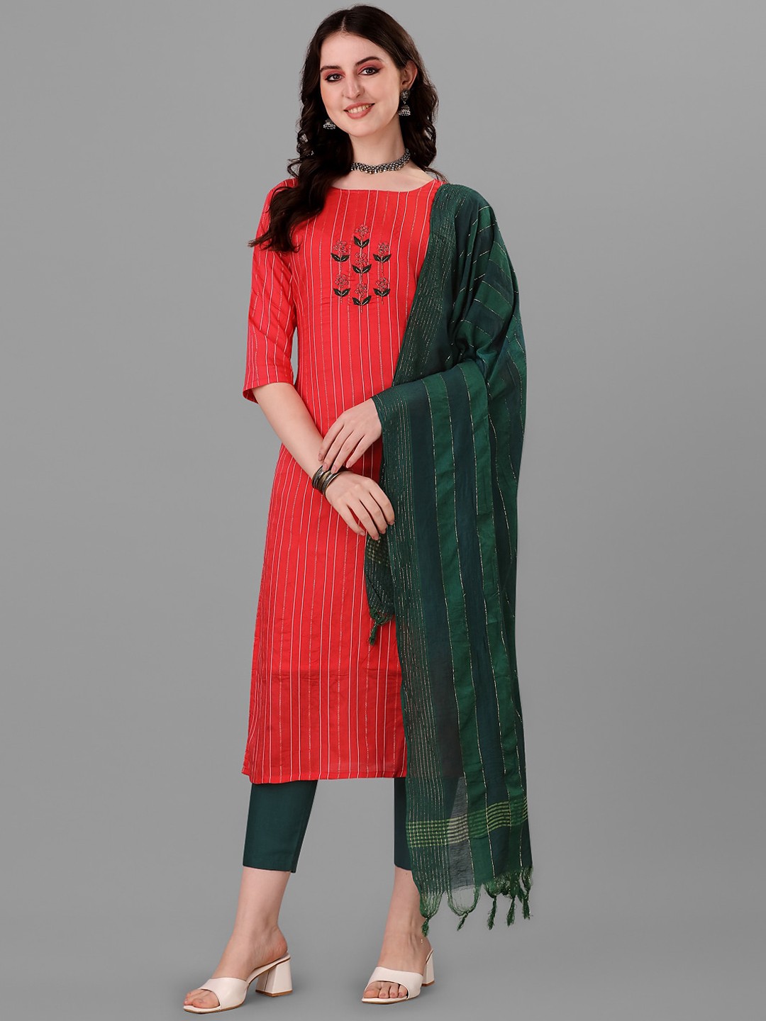 

Angroop Women Striped Kurta with Trousers & Dupatta, Red