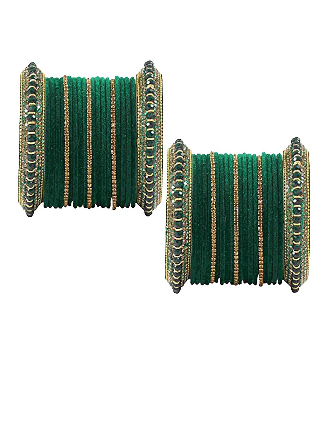 

NMII 42 Pieces Gold-Toned CZ Stone Studded & Beaded Velvet Bangles, Green