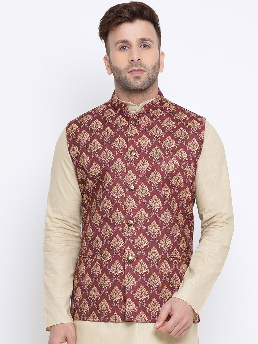 

NAMASKAR Men Printed Nehru Jacket, Maroon