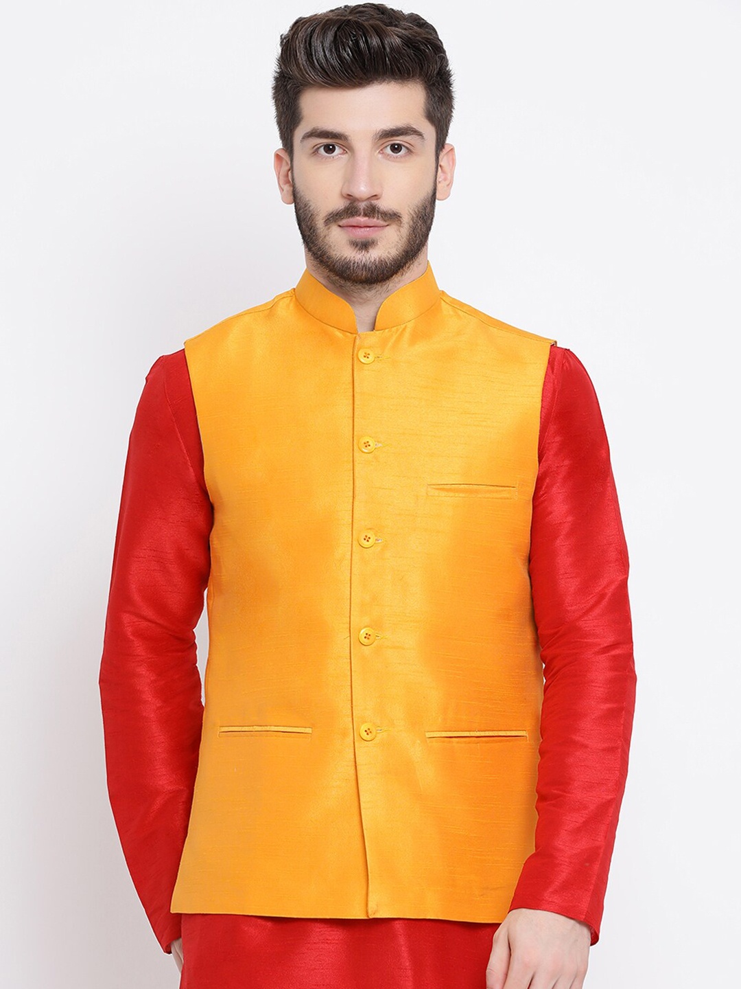 

NAMASKAR Men Nehru Jacket, Yellow