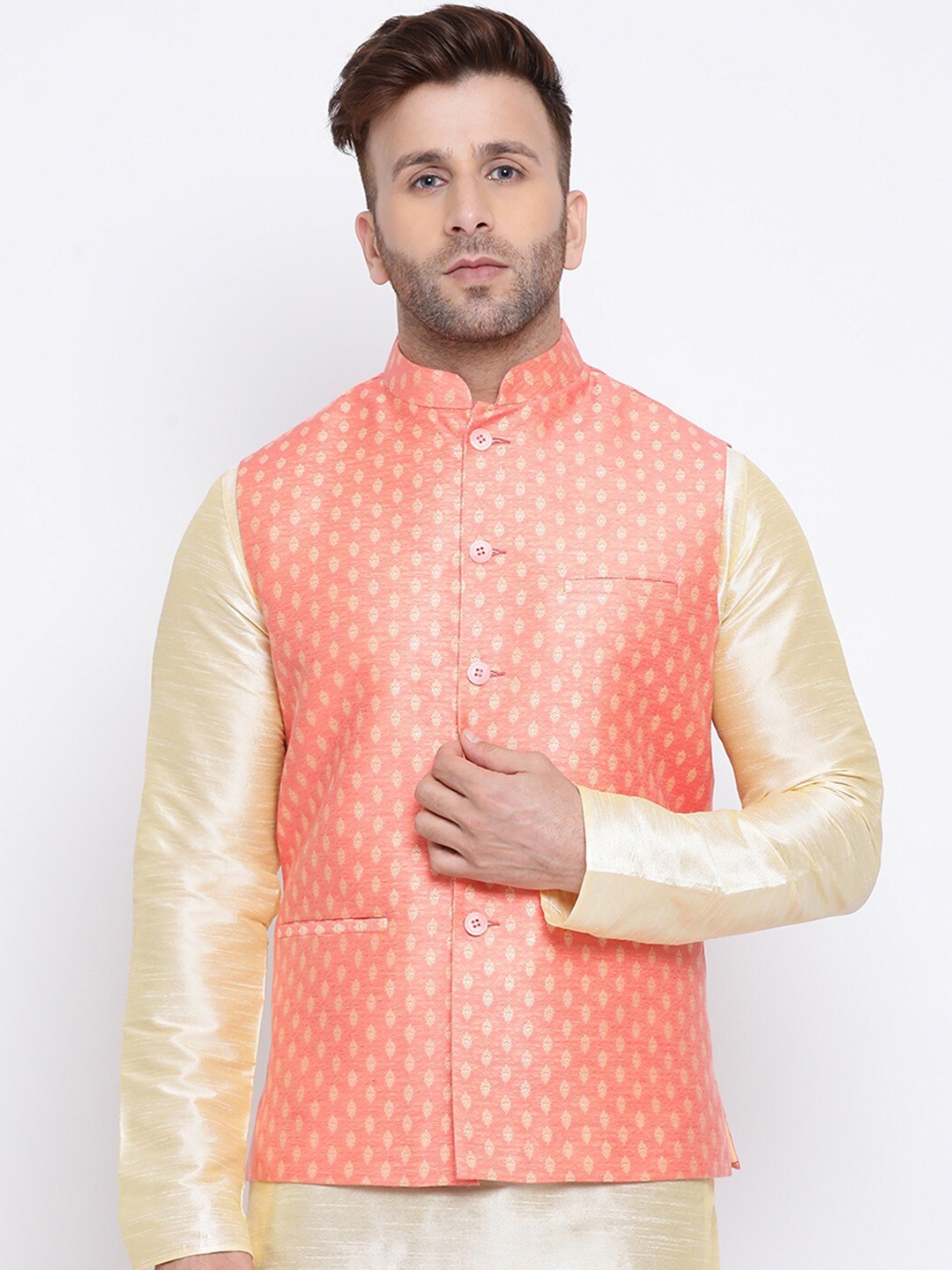 

NAMASKAR Men Woven Nehru Jacket, Pink