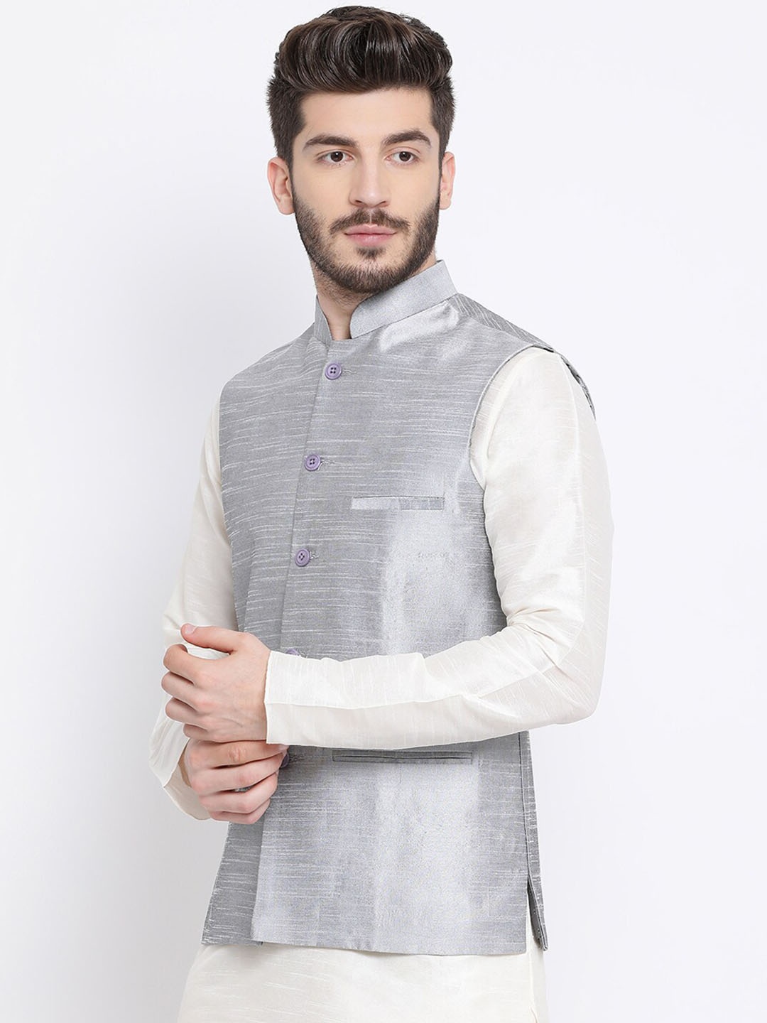 

NAMASKAR Men Striped Nehru Jacket, Silver
