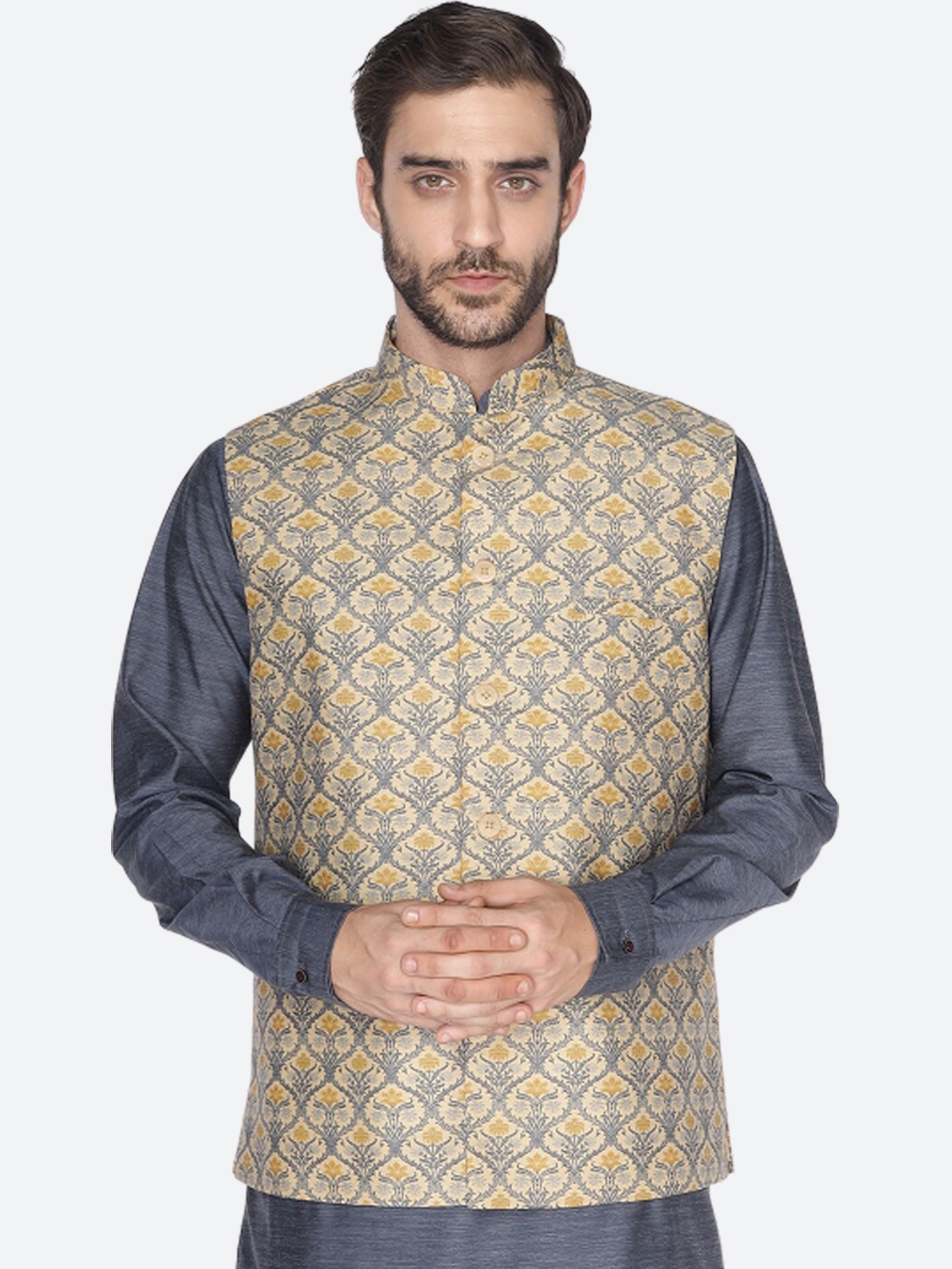 

NAMASKAR Men Printed Nehru Jacket, Beige