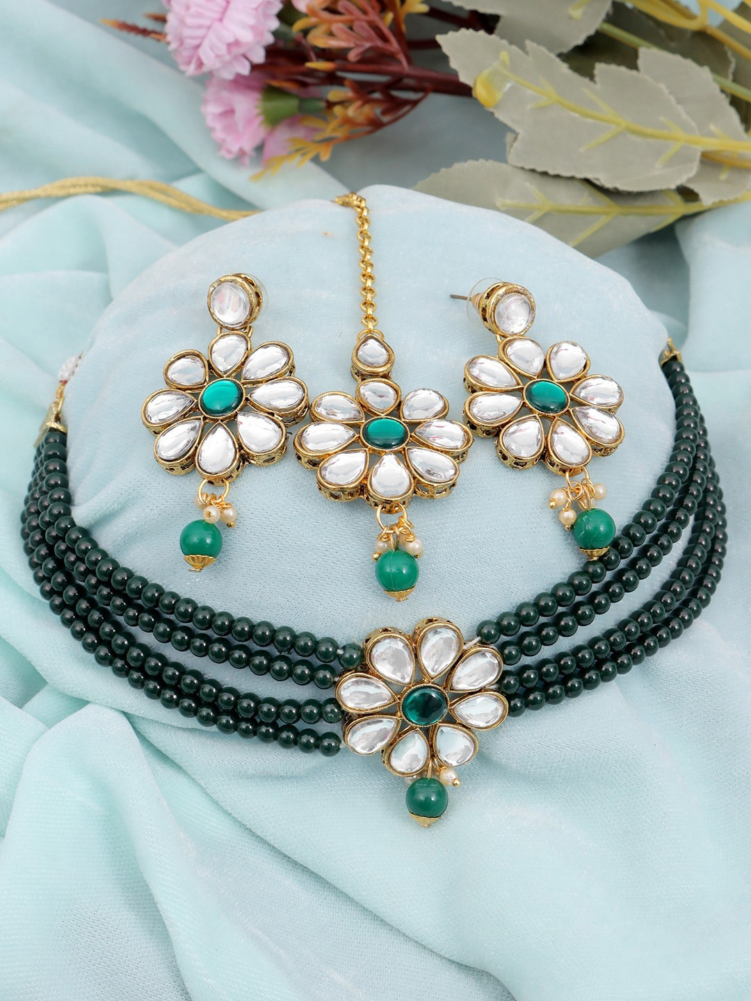 

Crunchy Fashion Kundan-Studded & Pearl Beaded Jewellery Set, Green