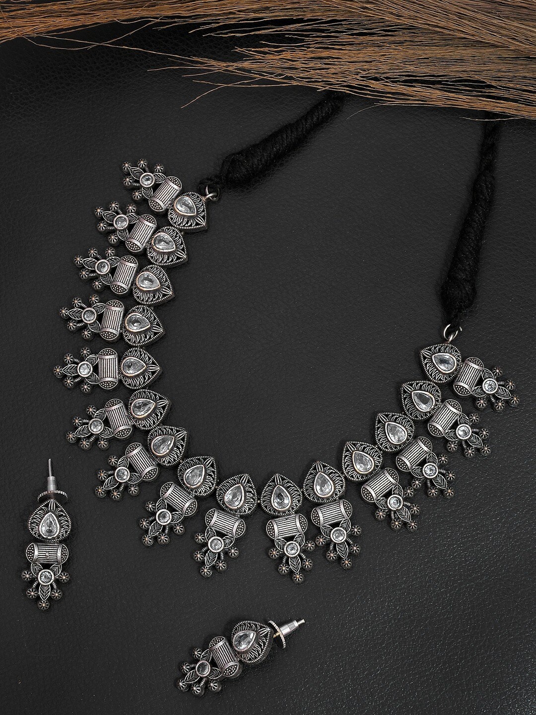 

Crunchy Fashion Oxidised Silver-Plated Stone-Studded Jewellery Set