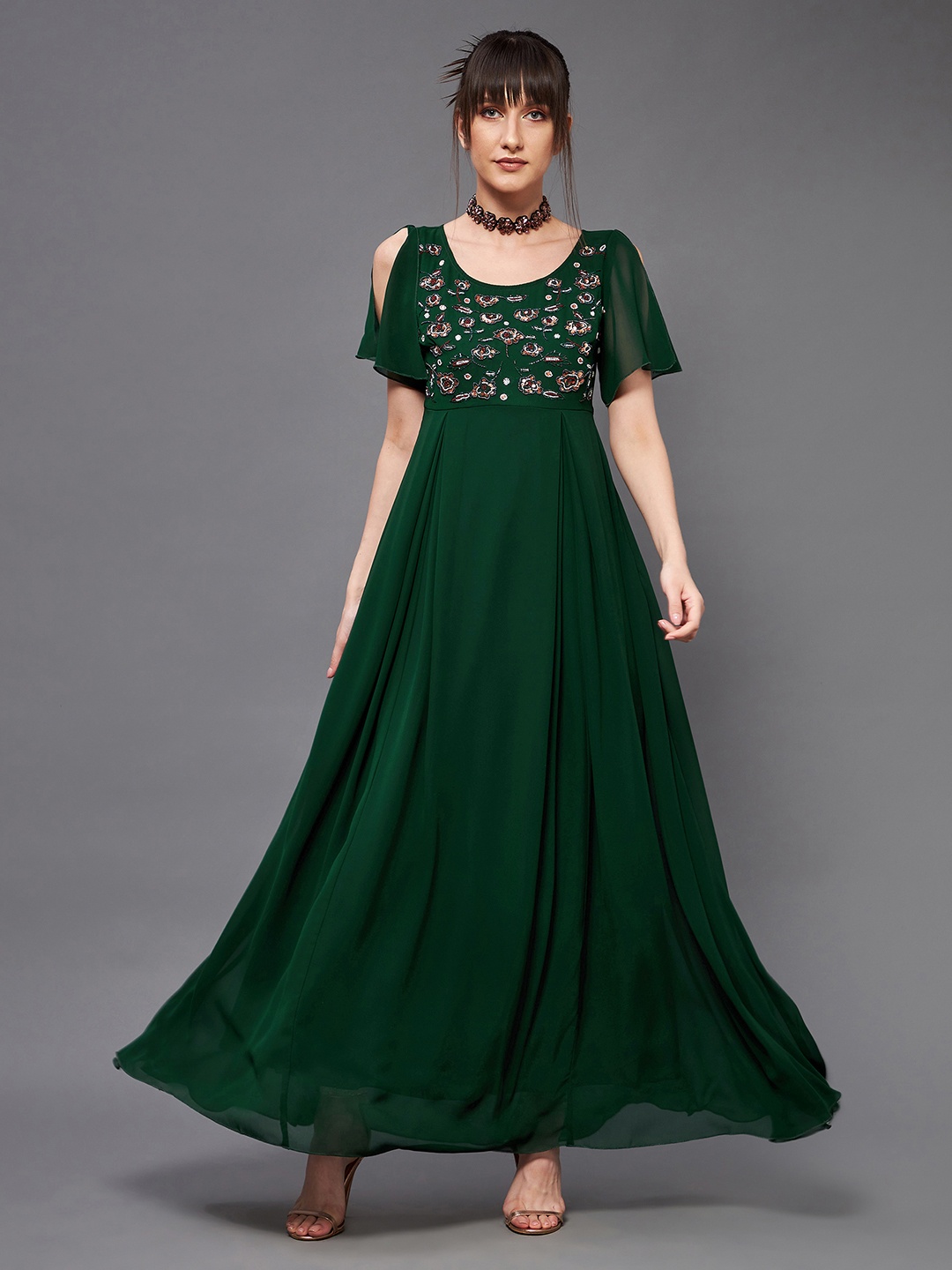 

Miss Chase Floral Maxi Embroidered Georgette Dress, Green