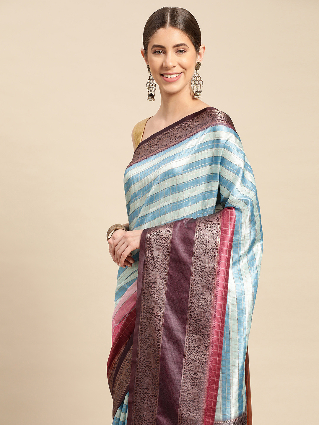 

VASTRANAND Striped Zari Silk Blend Banarasi Saree, Multi