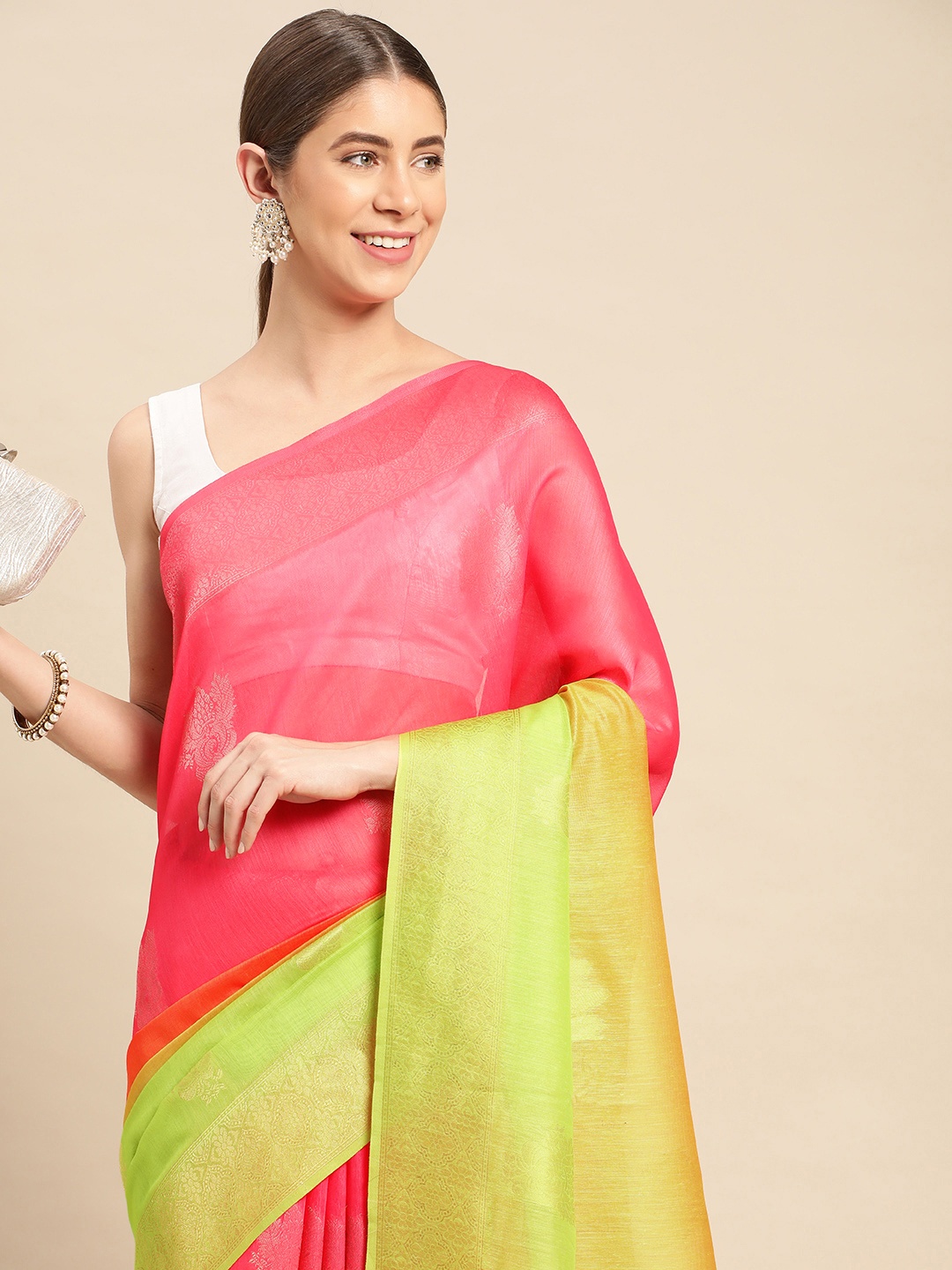 

VASTRANAND Ethnic Motifs Zari Half & Half Banarasi Saree, Multi